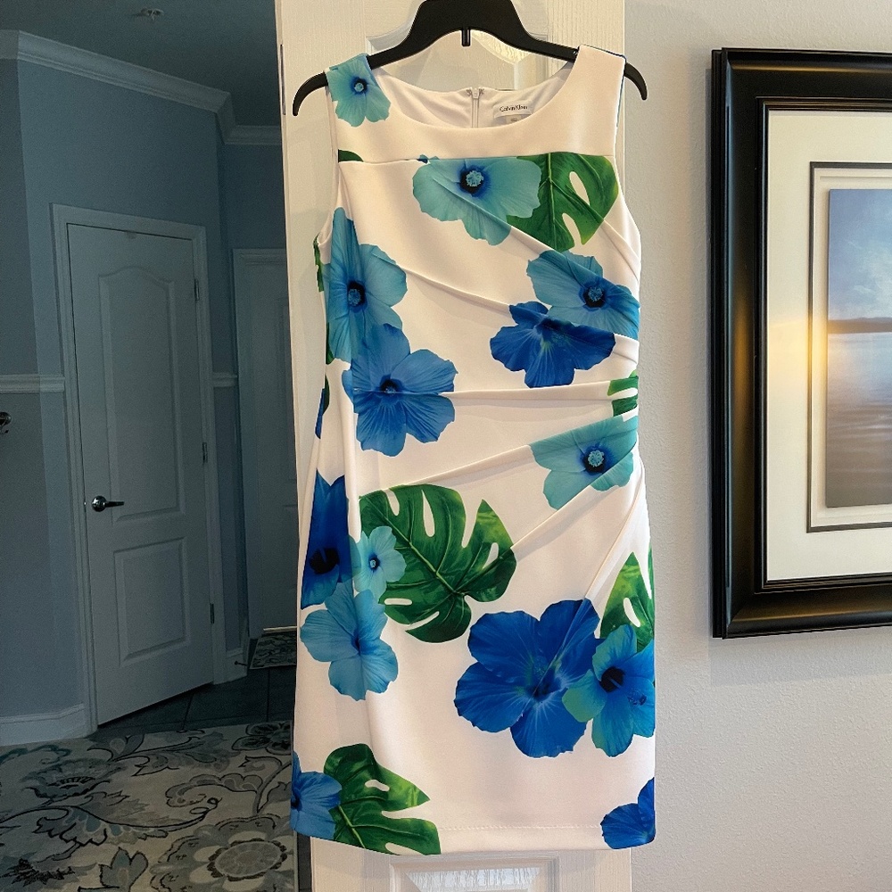 White and blue floral sheath dress